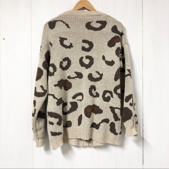 Leopard Print Tan and Brown Knit Cardigan Sweater - Picture 6 of 7